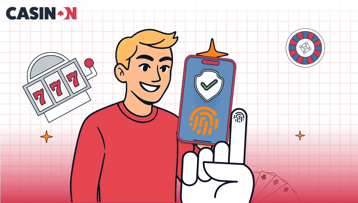 Man som verifierar sin identitet med biometriskt fingeravtryck på en mobiltelefon.