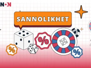 En bild på tärningar, roulettehjul, kort, spelautomater och procentsymboler, med texten 