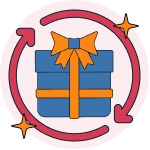 En blå presentbox omgiven av röda pilar i en cirkelrörelse som symboliserar en återkommande bonus.