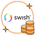 Swish-logotypen i färg bredvid tre staplar med guldmynt.