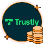 Trustly-logotypen på en mörk bakgrund bredvid tre staplar med guldmynt.