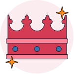 En röd och rosa krona med blå detaljer som symboliserar VIP-status och lojalitetsbonusar.