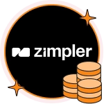 Zimpler-logotypen på en svart bakgrund bredvid tre staplar med guldmynt.
