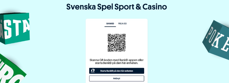 Svenska Spel Casino BankID Inloggningssida hos Svenska Spel med QR-kod för verifiering via BankID eller Freja eID.