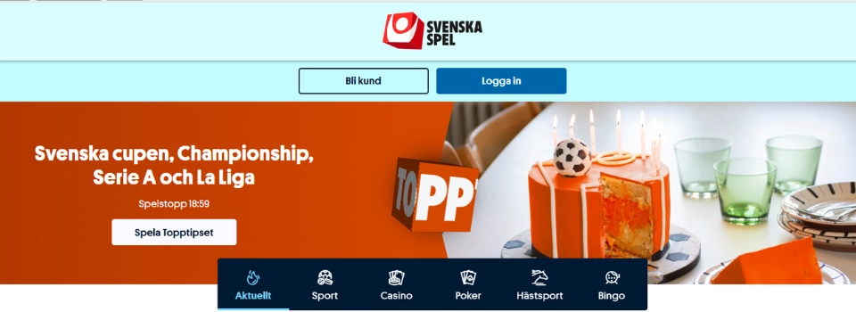 Svenska Spel Casino registrering Startsida för Svenska Spel med huvudmenyn för Sport, Casino, Poker, Hästsport och Bingo.