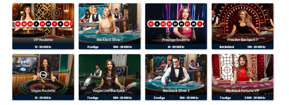 Live Casino-utbud hos Svenska Spel med VIP Roulette och flera Blackjack-bord med insatsgränser.