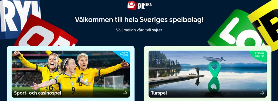 Svenska Spel startsida Välkomstsida hos Svenska Spel med val mellan Sport- och casinospel eller Turspel.