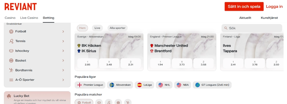 Reviants bettingavdelning med odds på Allsvenskan och Premier League samt populära ligor.
