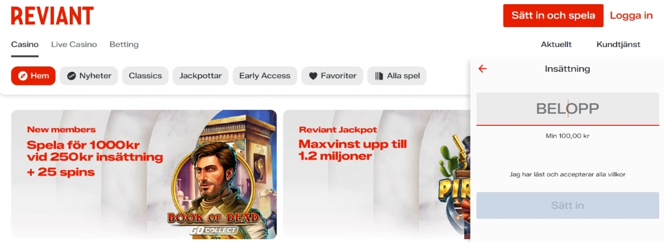 Insättningsvyn på Reviant Casino där spelare väljer belopp för att börja spela med BankID.