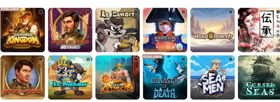 Översikt av rekommenderade spelautomater hos Reviant Casino, inklusive Book of Dead och Le Bandit.